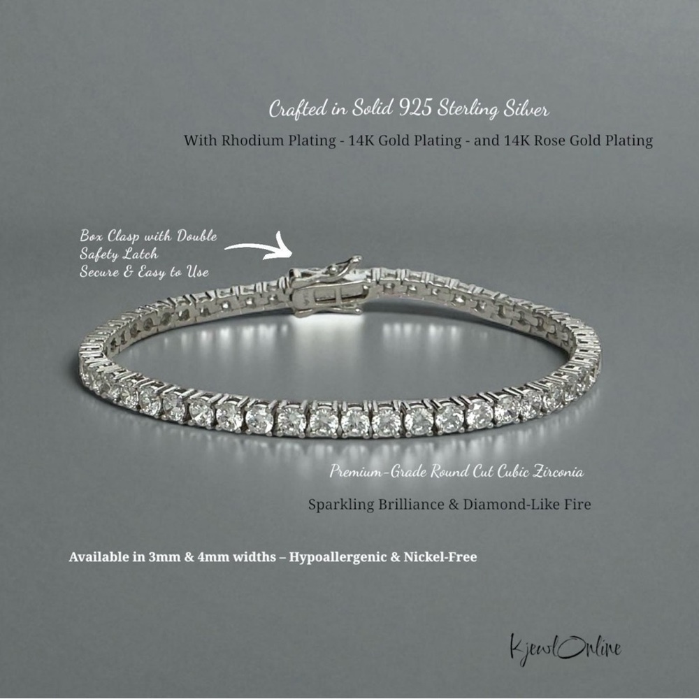 3mm 7.5” CZ Tennis Bracelet Rhodium Plated 925 Sterling Silver NWT